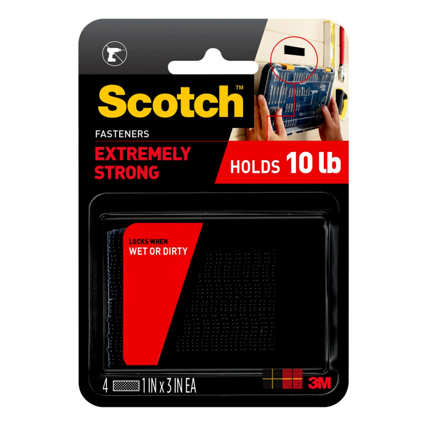 Scotch Extreme Interlocking Fasteners, 4 Strips, 1" x 3", Delivers Powerful Bond on Contact, Weather, Dirt & UV Resistant, 1 Set Holds 2 lbs., Designed with Reclosable Dual-Lock Technology (RF6731)