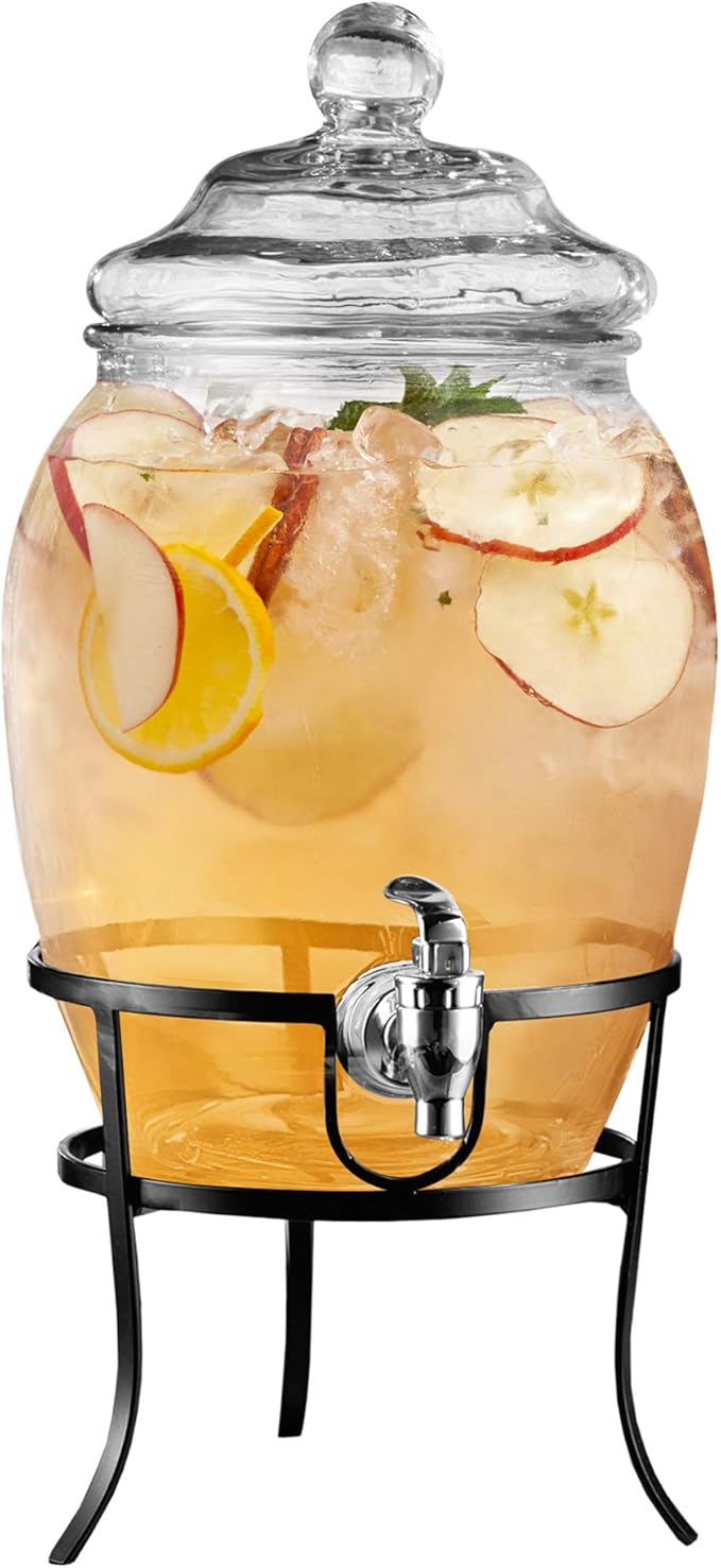 Style Setter Beverage Dispenser Cold Drink Dispenser w/ 2-Gallon Capacity Glass Jug, Metal Stand & Leak-Proof Acrylic Spig...