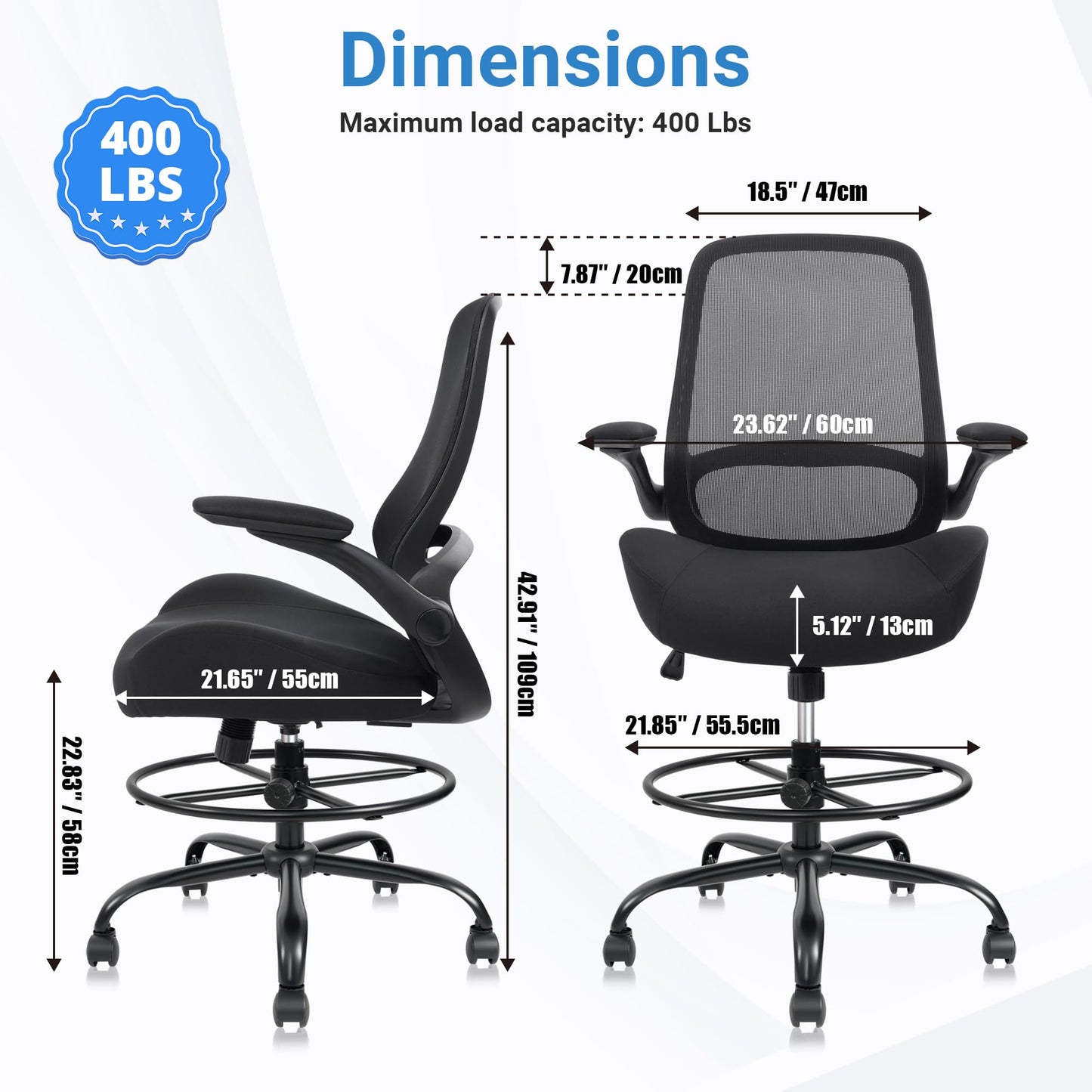 HYLONE Drafting Chair Tall Office Chair with Flip-Up and Adjustable Armrests Ergonomic Computer Chair with Adjustable Footrest Ring Mesh Standing Desk Chair (Black)