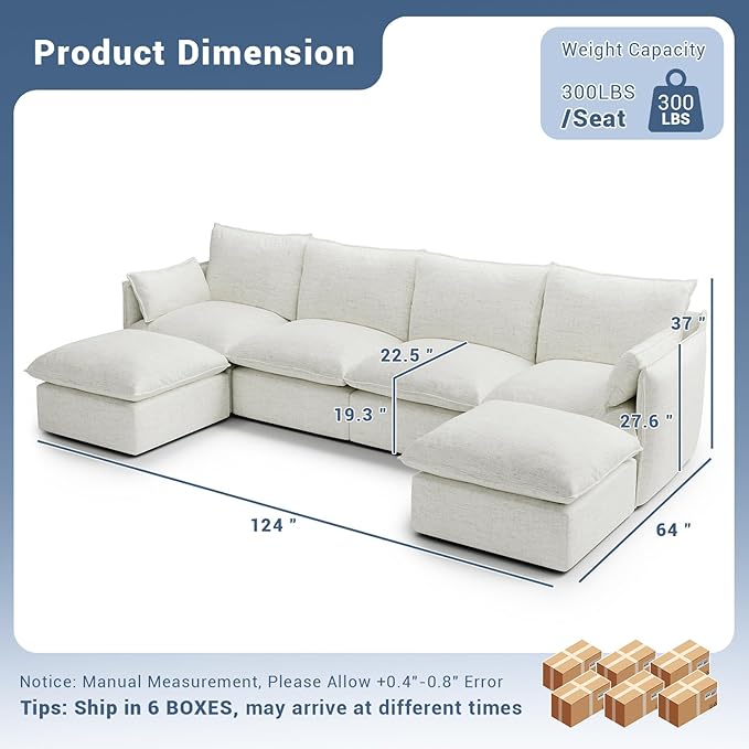 Lopzeho 124" Cloud Modular Sectional Sofa, Waterproof Down Filled Sectional Couch, High Backrest U Shaped 4 Seater Couch with 2 Ottomans, Modern Modular Sofas with Removable Cover, Cream White