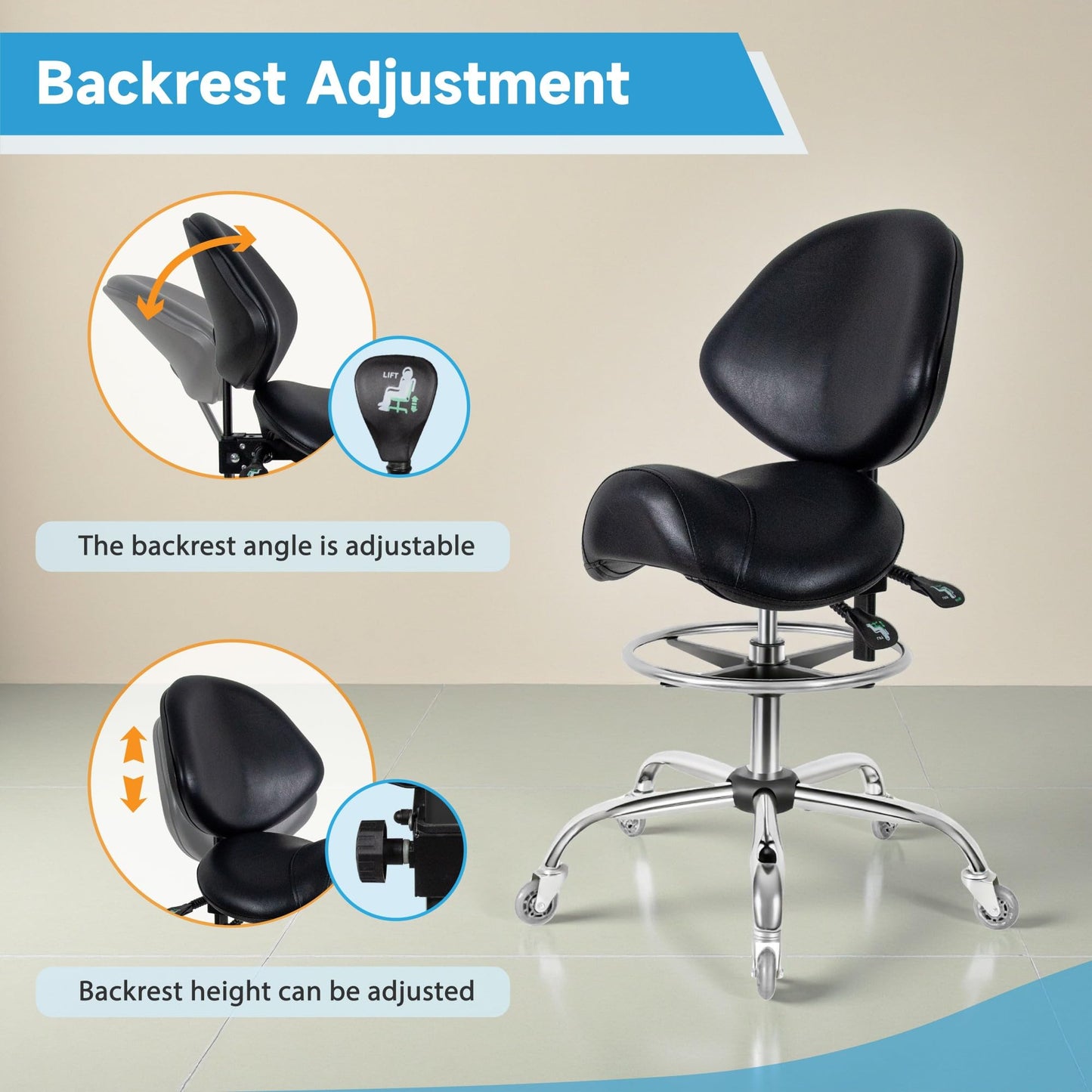 Nolasalon Saddle Stool with Wheels,Ergonomic Swivel Rolling Height Adjustable for Salon Beauty Clinic Dentist Tattoo Home Office（Black）