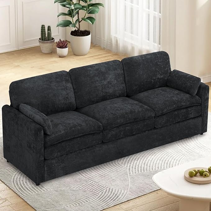ACMEASE 89” Chenille Sofa w/Two Arm Pillows, Upholstered 3 Seater Sofa w/Comfortable Back Cushions, Modern 3 Seats Couch w/High-Density Foam for Living Room, Apartment, Office, Black