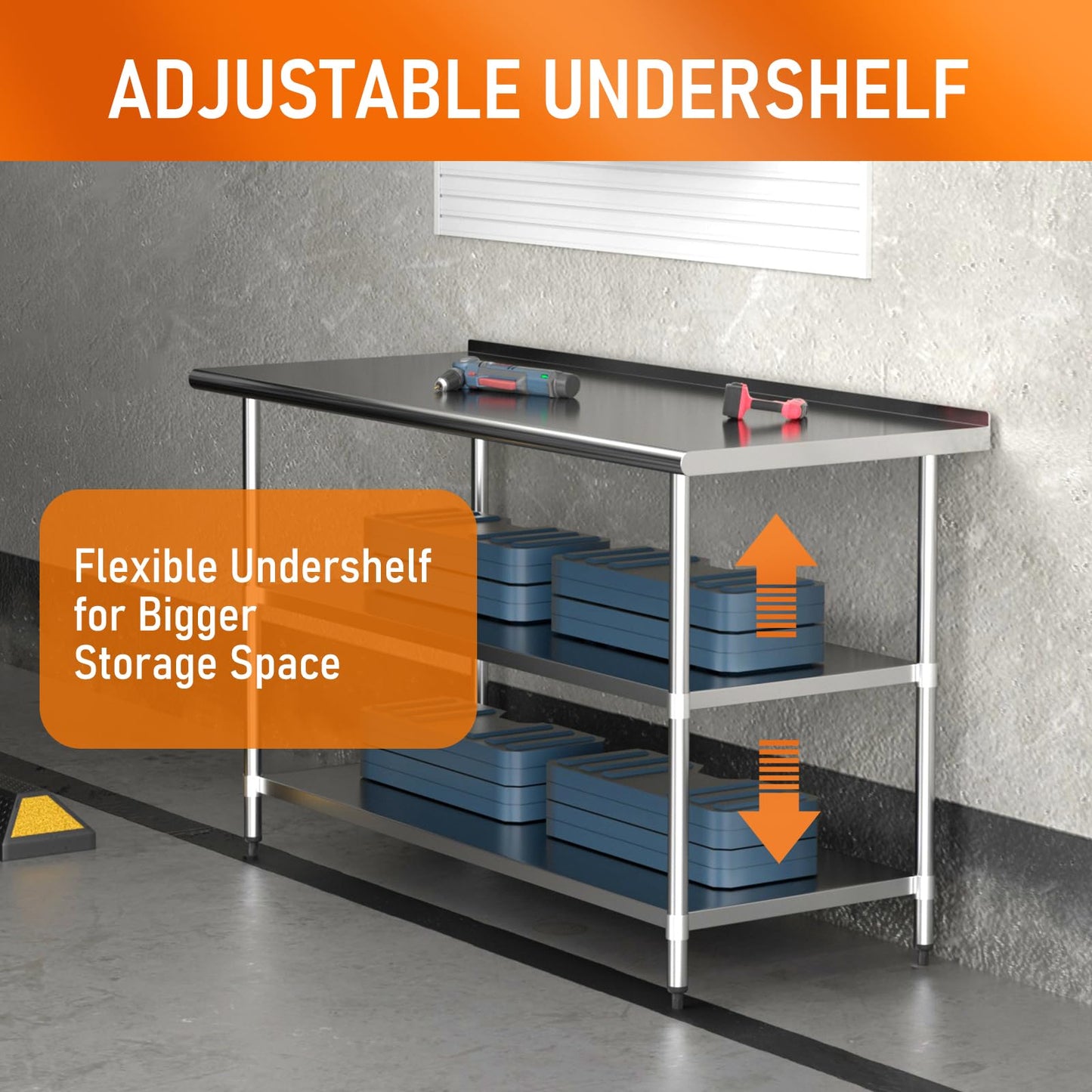 HOCCOT Stainless Steel Table 24" x 60" with 2 Adjustable Undershelves and Backsplash, Commercial Metal Workstations for Kitchen, Garage, Outdoor BBQ