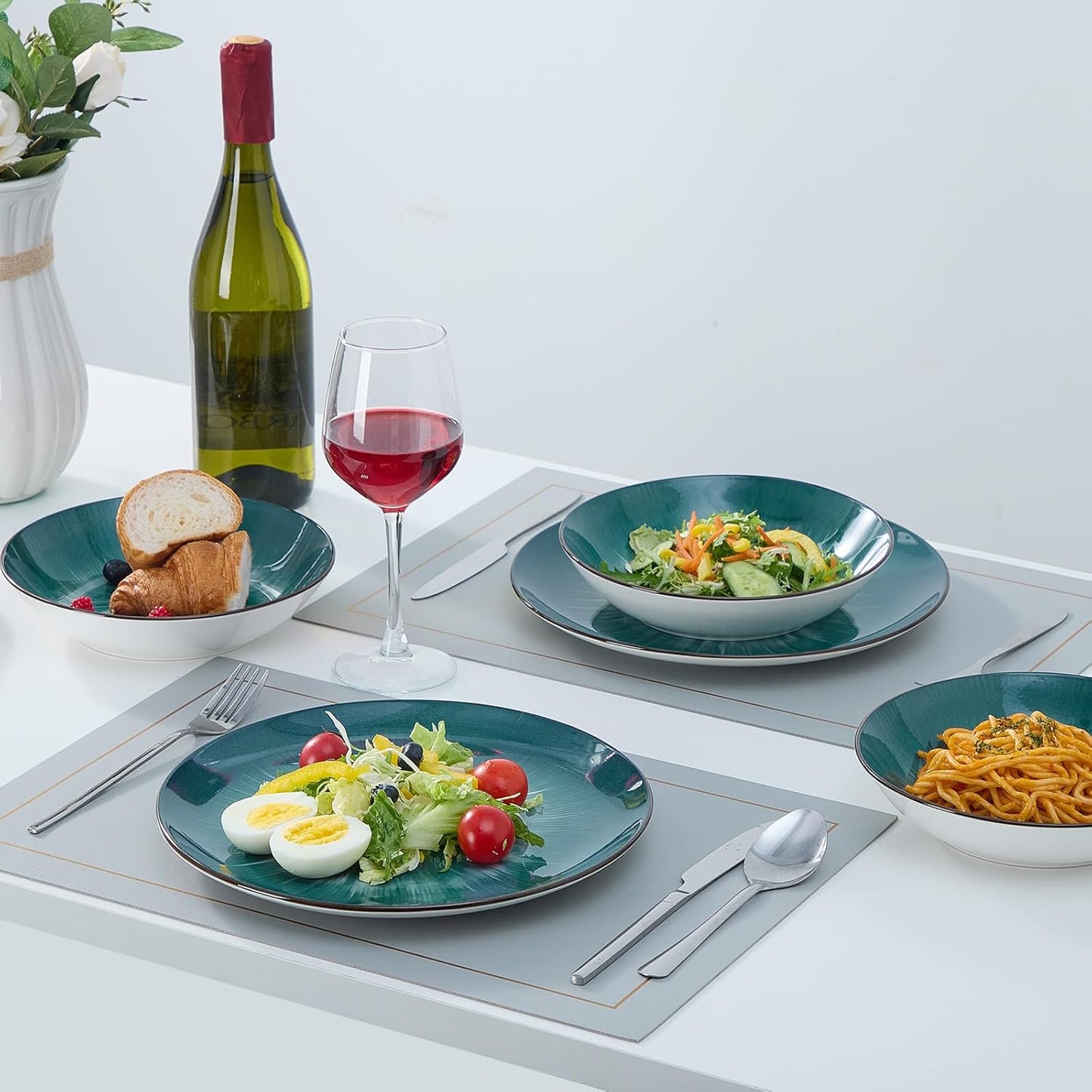 Bestone Porcelain Dinnerware Sets Service for 4, 12 pcs Hand drawn Plates and Bowls Sets, Handmade Ceramic Dish Set, Chip Resistant Modern Plate Set, Dishwasher/Microwave Safe，Starburst Green