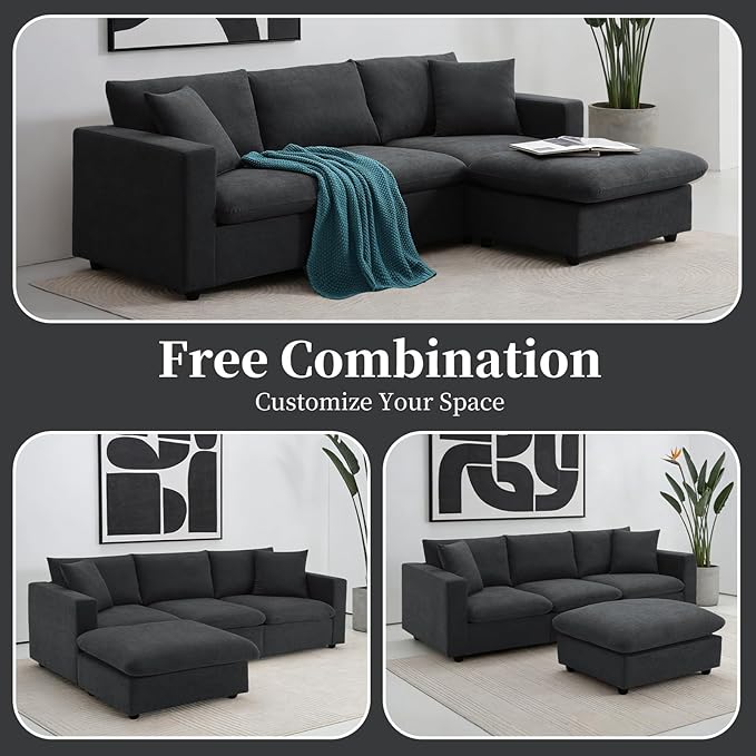 KIVENJAJA Black Cloud Couch for Living Room Apartment Small Spaces, Linen L Shaped Modular Sectional Sofa with Convertible Ottoman Chaise, Modern Minimalist, Metal Frame, 100.4" W 3 Seater