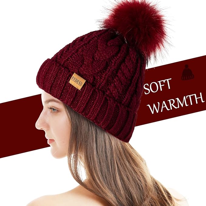 REDESS Women Winter Pompom Beanie Hat with Warm Fleece Lined, Thick Slouchy Snow Knit Skull Ski Cap