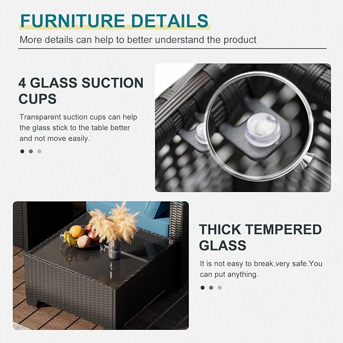 Ophelian 8 Piece Wicker Patio Furniture Set with Fire Pit Table, Rattan Outdoor Sectional Sofa, Patio Couch Set for Backyard, Garden, Deck (Coffee/Peacock Blue)
