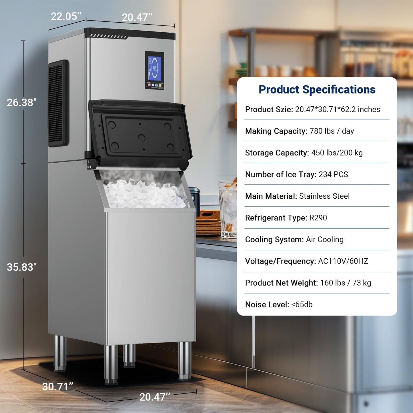 Commercial Ice Maker, 780 LBS/24h with 450 LBS Storage Bin, 234 Ice Cubes Ready in 5-15 min Air Cooled Stainless Steel Ice Maker, 22 Ice Thicknesses Industrial Ice Machine for Bar/Cafe/Restaurant