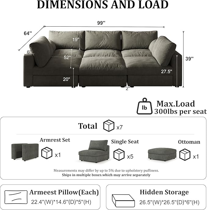 Cloud Modular Sectional Sleeper Sofa with Storage Ottoman, 99" Oversized Sectional Couches for Living Room, Cloud Modular Sleeper Sofa with Chaise, 6 Seater, Chenille, Dark Gray