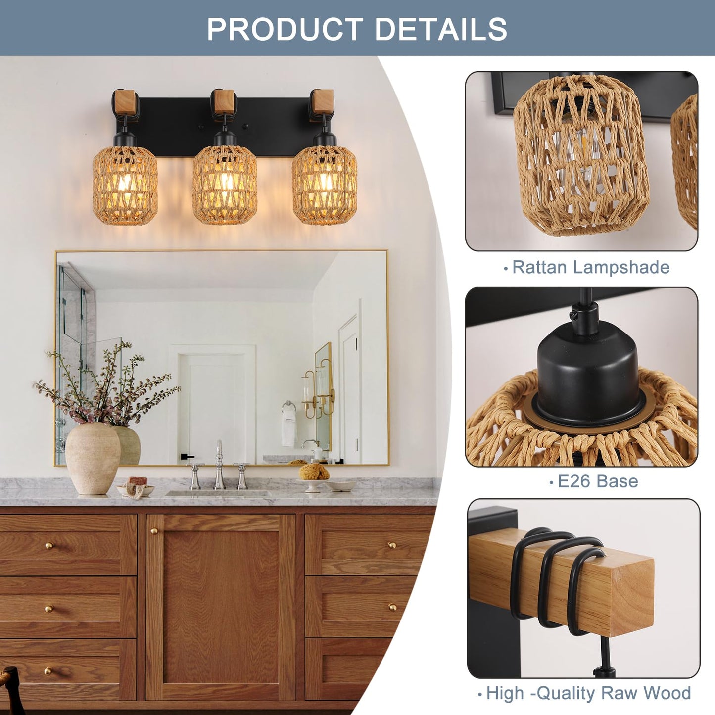 3 Light Bathroom Vanity Light Fixtures， Rustic Style Wood Bathroom Wall Sconce， with Boho Wicker Lampshade，Suitable for Bedroom, Hallway, and Living Room，Rattan Black Farmhouse Wall Sconce