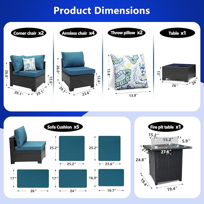 3D MATRIX 8 Pieces Patio Furniture Set with 28" Fire Pit Table, Wicker Outdoor Sectional Couch, Rattan Conversation Set for Backyard, Deck, Garden Lawn, Coffee/Peacock Blue