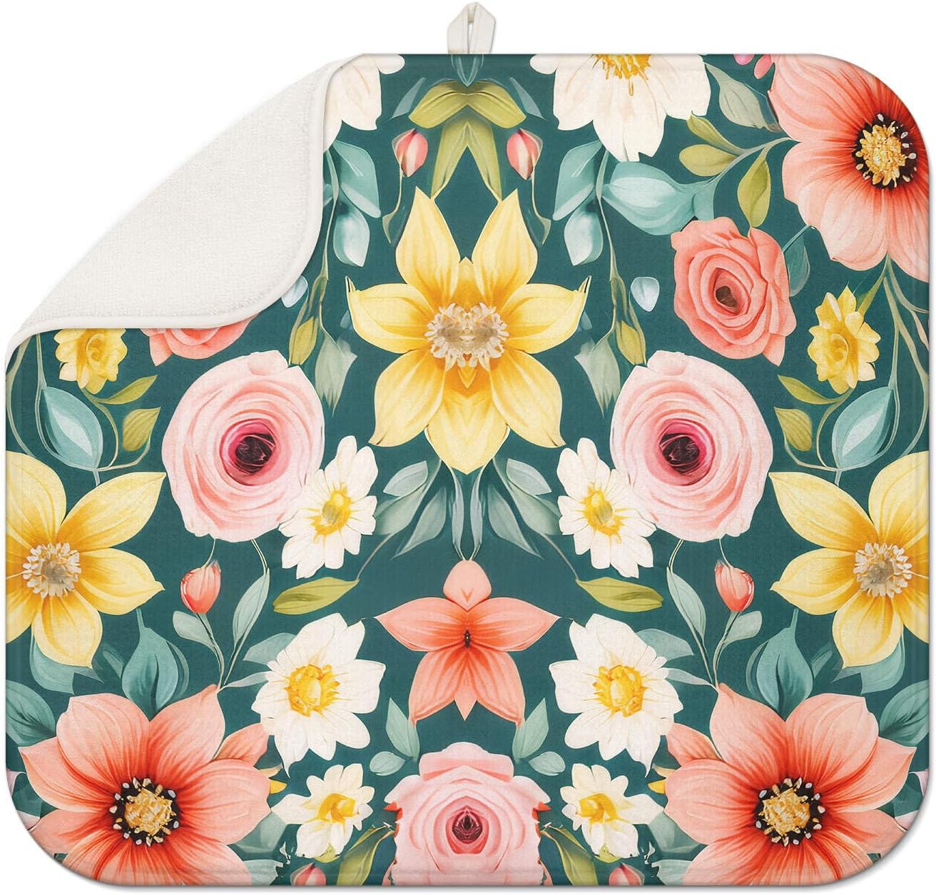 Floral Spring Small Dish Drying Mat for Kitchen Counter 16''x18''Microfiber Absorbent, Foldable, Quick-Dry, Non-Slip,Compact Kitchen Drying Pad for Dishes, Countertops, and Cookware