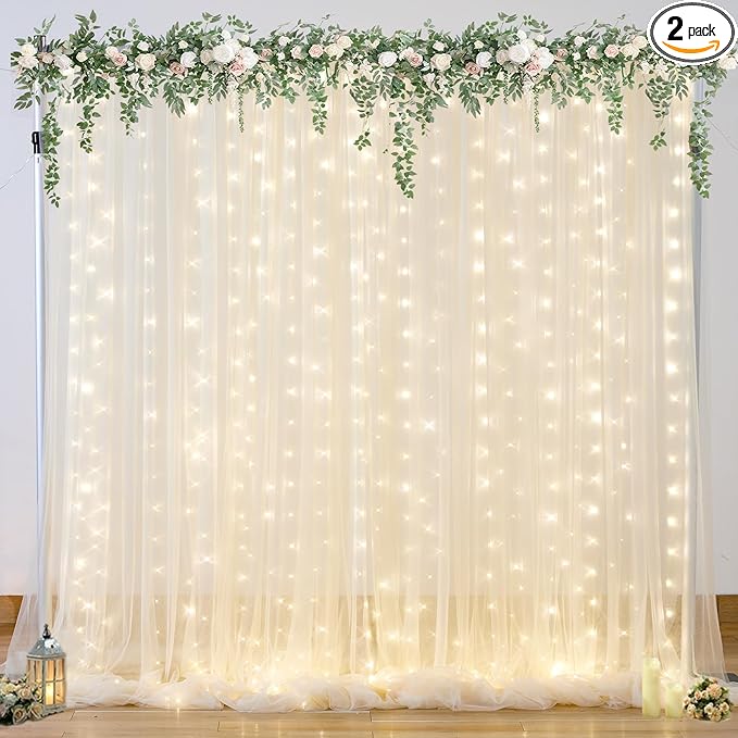 10ft x 10ft Champagne Tulle Backdrop Curtain with Lights String for Parties Wedding Bridal Shower Sheer Champagne Curtain ...