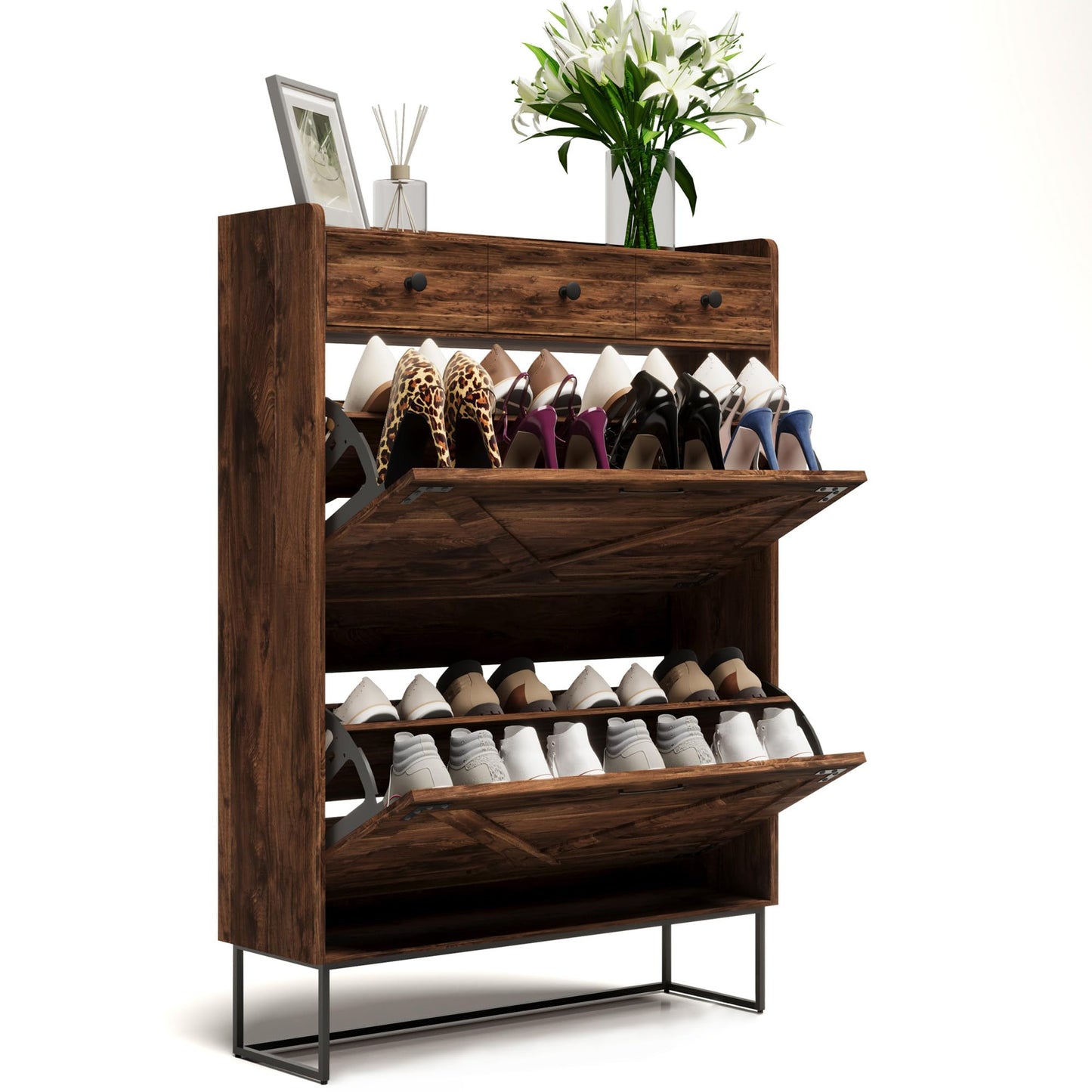LAUSAINT HOME Shoe Storage Cabinet with 2 Flip Drawers & 3 Drawers for Entryway, Freestanding Hidden Shoe Organizer with Metal Legs, Slim Narrow Shoe Rack Cabinet, Rustic Brown