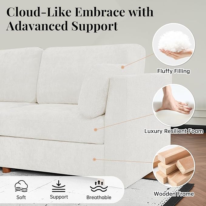 CUGOAO 118'' Modular Sectional Sofa, Oversized, Sectional Couch, Deep Seat Chenille Cloud Couch Sofa, Removable Cover, Mordern Upholstered Couches for Living Room, Apartment, Office, Beige