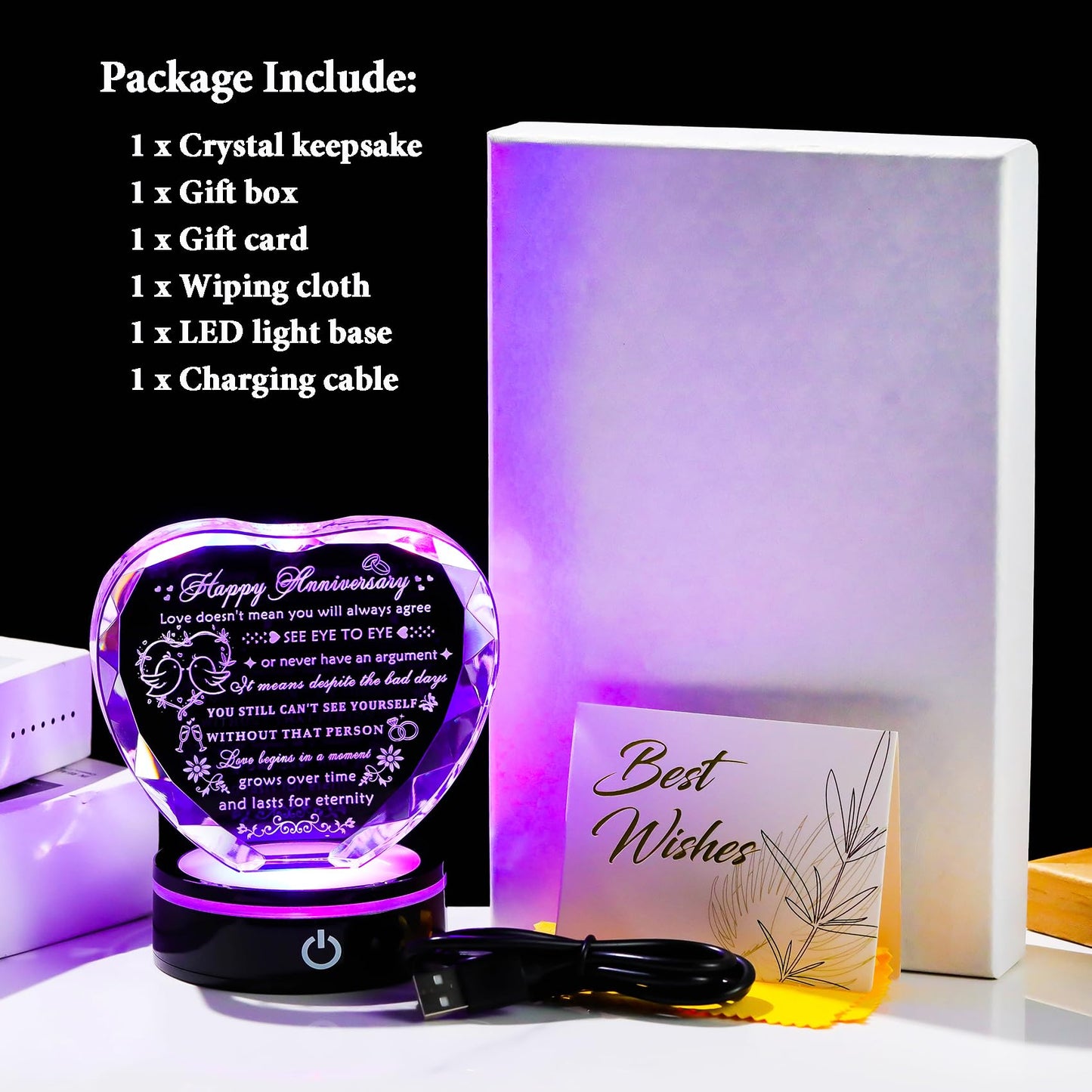 YWHL Wedding Anniversary Crystal Heart Gifts for Couple Parents, Happy Anniversary Marriage Gifts for Wife Husband Him Her Men Women with LED Base Romantic Presents for Girlfriend Boyfriend