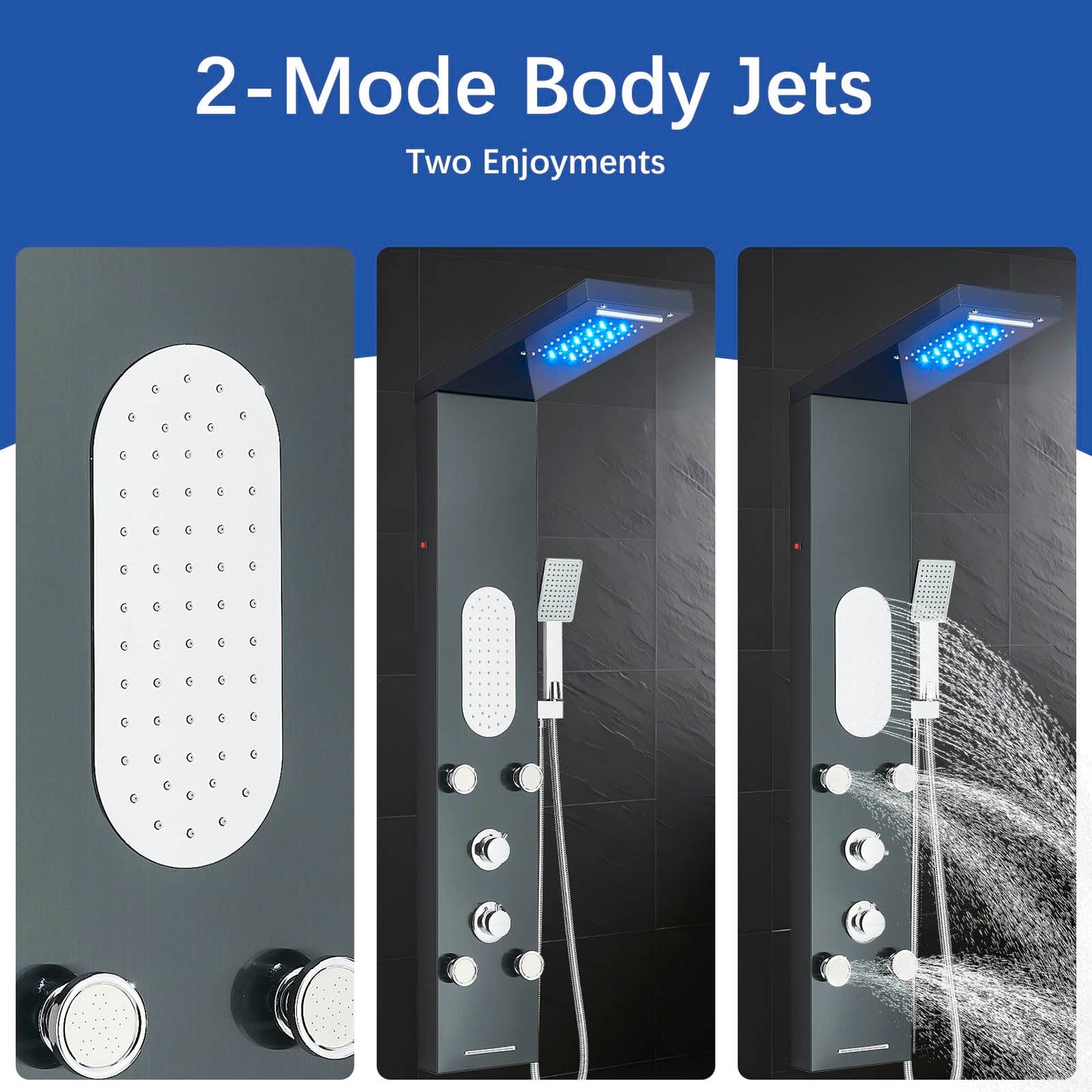 Luxury Shower Tower System with LED Shower Head, 5-Function Shower Column with Rainfall Waterfall Shower Head, 4 Body Jets, Handheld and Tub Spout,Body Waterfall Shower Panel Tower System Black-8125