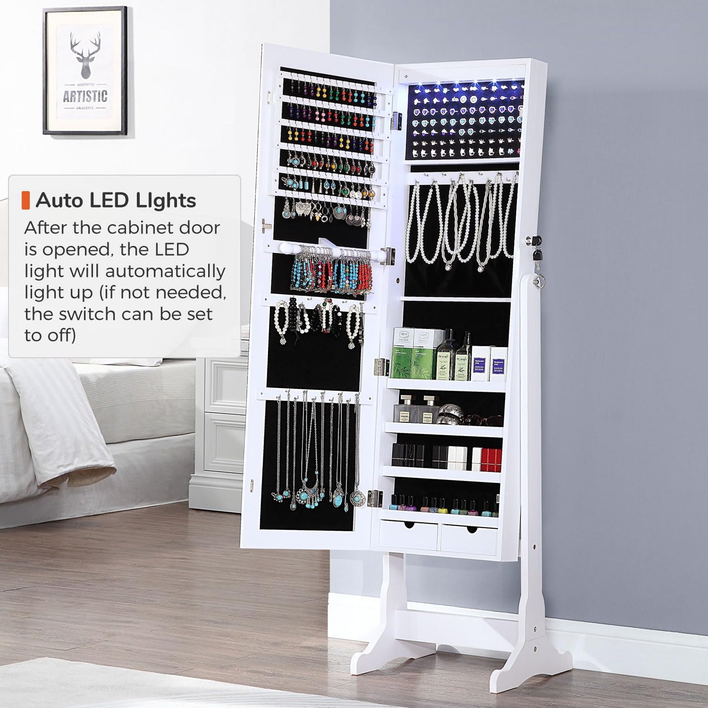 GISSAR Jewelry Organizer Full Length Mirror Jewelry Cabinet Standing/Wall/Hanging Door Jewelry Armoire Storage with Lights, Lockable, White