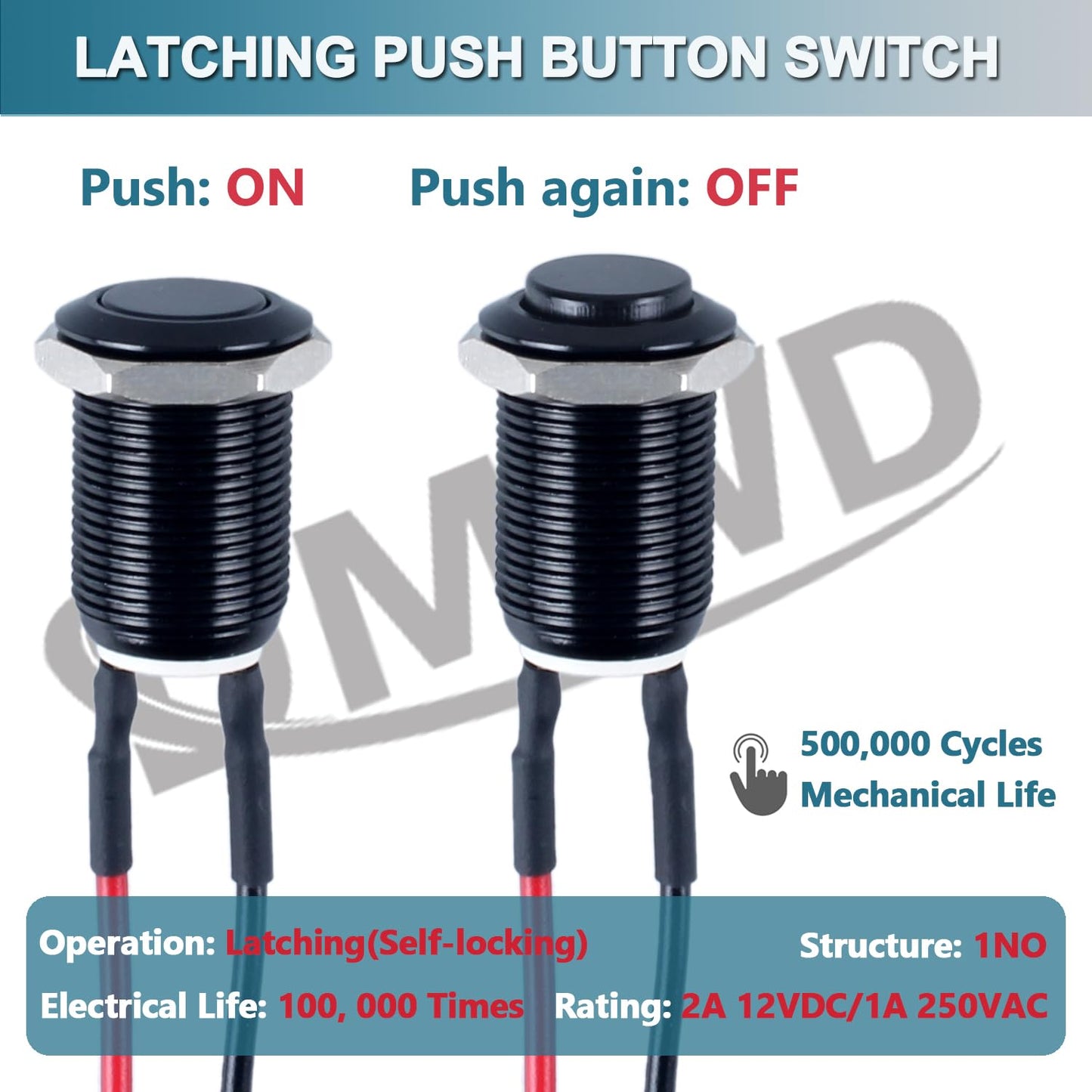 DMWD 5pcs 12mm Latching Push Button Switch Raised Head ON-Off Normally Open with Pre-soldered Cable Aluminium Alloy Shell 12V 24V 36V 110V Waterproof IP66 Without LED (Black)