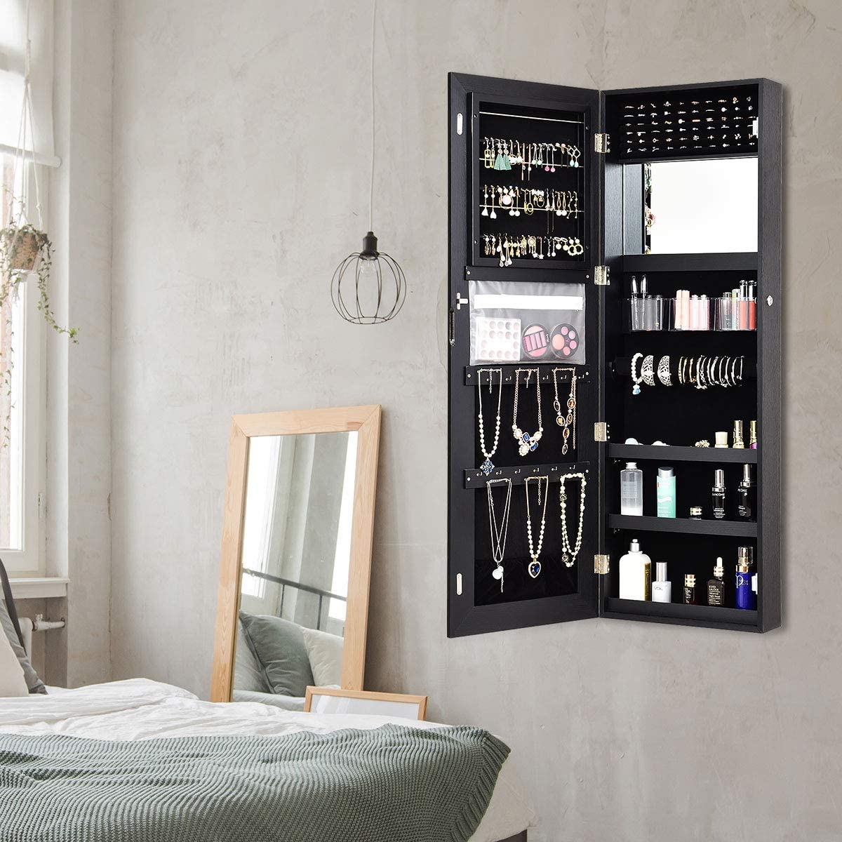 MAT EXPERT Wall/Door Mounted Mirror Jewelry Armoire, Jewelry Cabinet w/LED Lights & Touch-Screen Lighted Mirror, Makeup Jewel Storage Hanging Cabinet, Lockable Dressing Jewelry Organizer (Black)