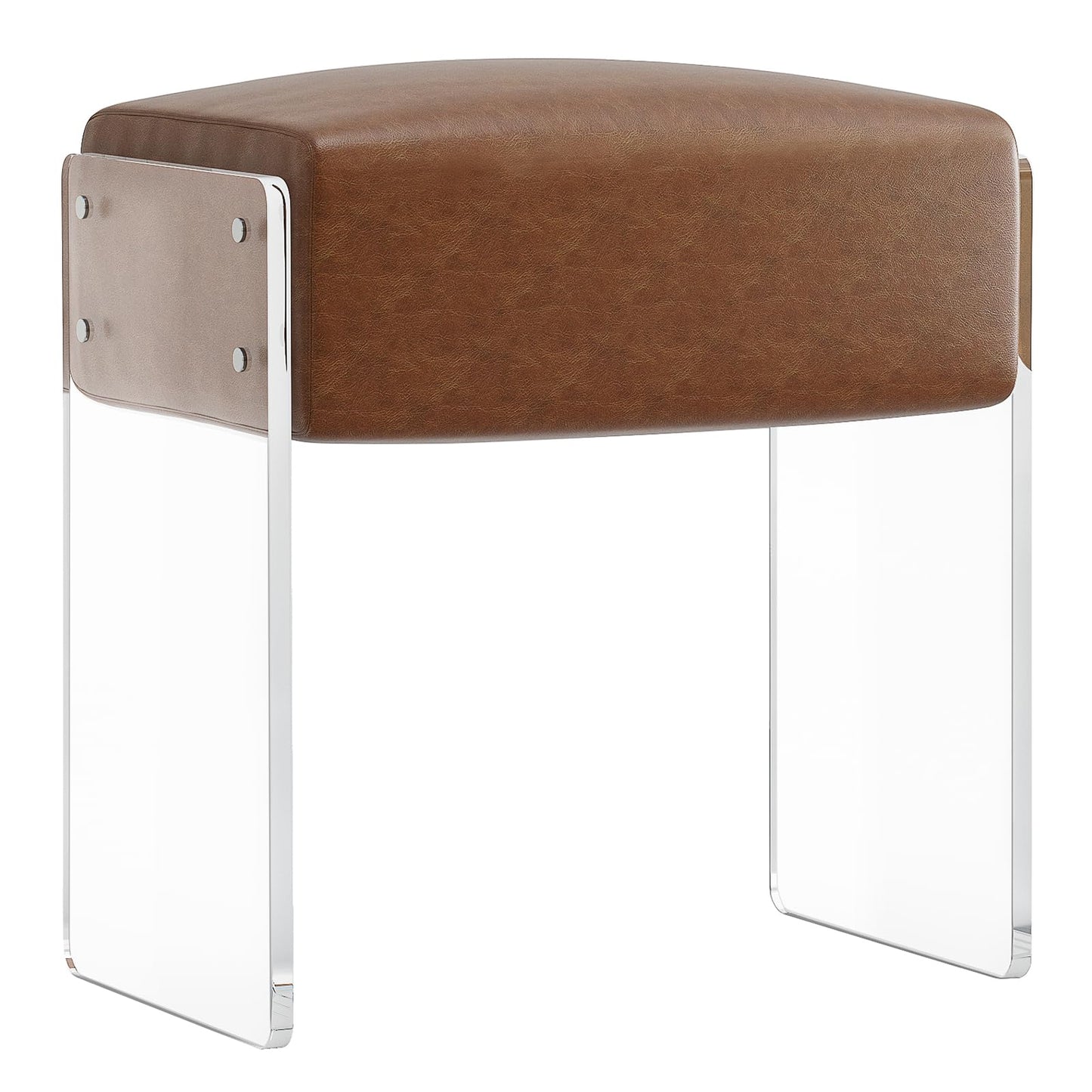 bitaycan Leather Vanity Stool Chair, Modern Ottoman and Foot Rest with Leather and Acrylic Leg for Makeup Room, Living Room, Bedroom, Brown