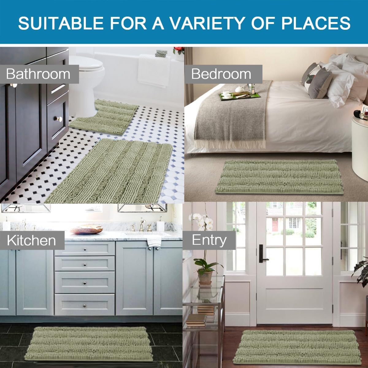 H.VERSAILTEX Bathroom Rug Sets 2 Piece Bath Mats Non Slip Thick Soft Chenille Striped Bath Rug achine Washable Shower Floor Rugs for Tub, Shower and Floor (Eucalyptus Green, 47"x17" Plus 20"x20" U)