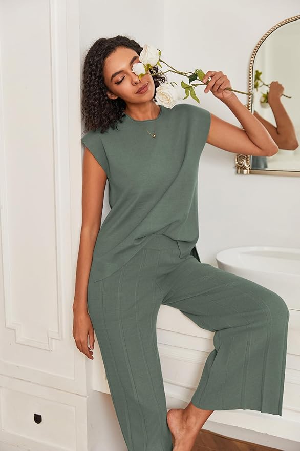 Ekouaer Lounge Sets for Women Two Piece Outfits Knit Cap Sleeve Tops Wide Leg Pleated Pants Casual Dressy Sweater Sets