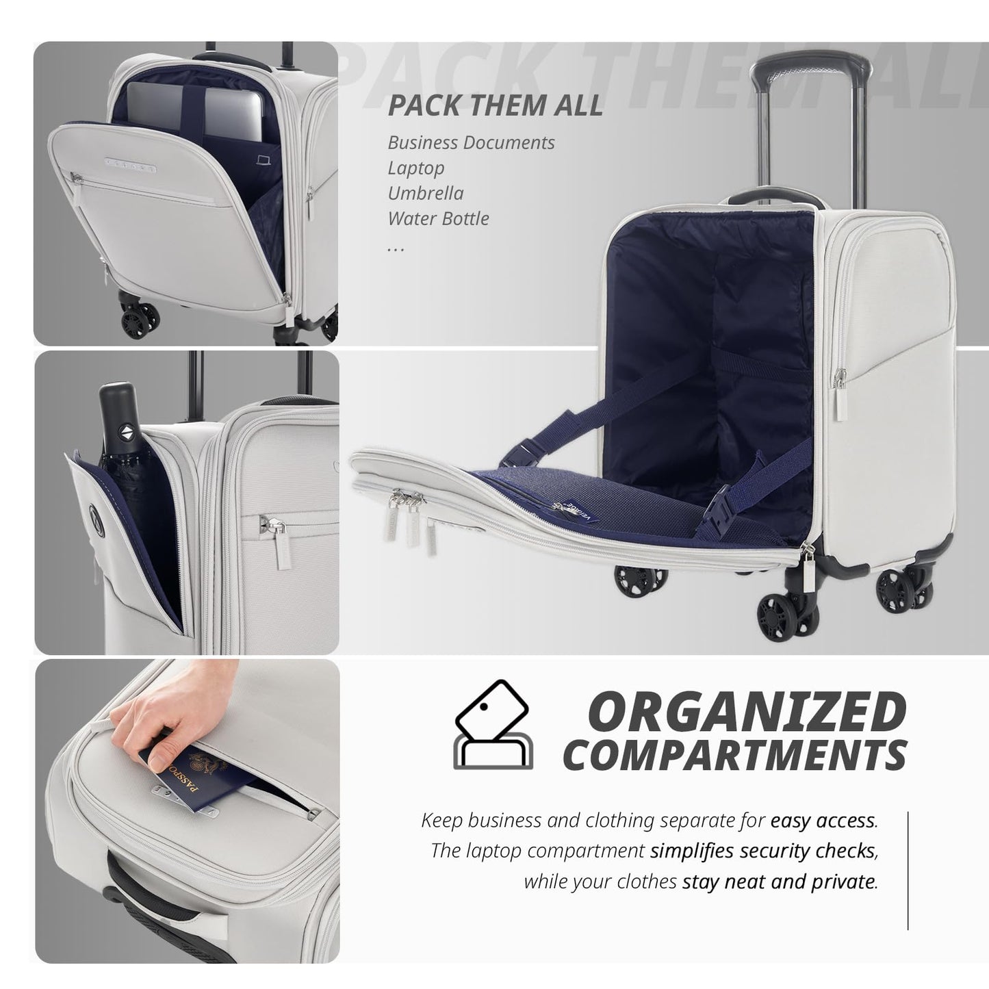 Verage Under Seat Luggage with Wheels, Softside Small Suitcase Spinner Carry On Luggage Bags for Airlines Airplanes Short Trip Men Women (Cloud Gray, 14.5-Inch Plus Underseat)