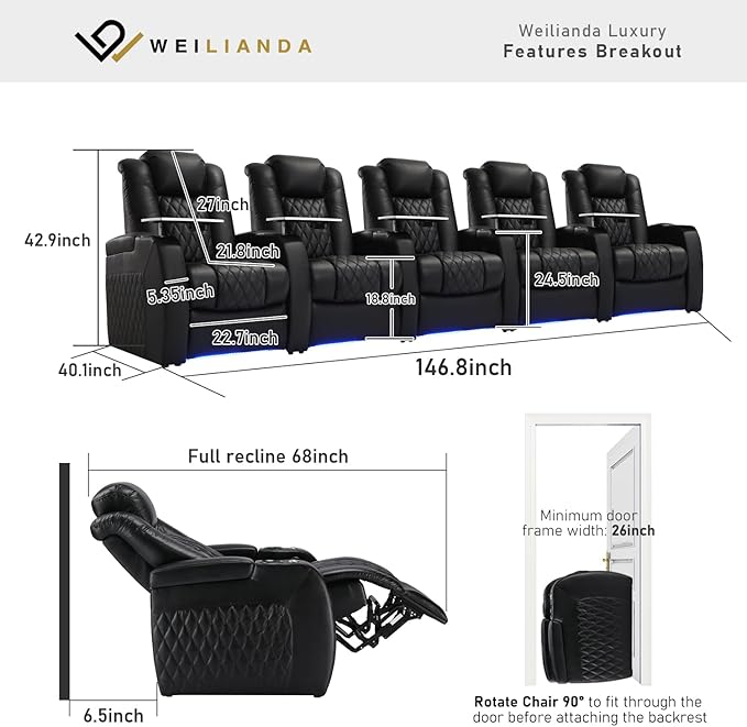 Weilianda Home Theater Seating Top Grain Leather Zero Gravity Recliner Chair Power Headrest Recline Movie Seat Gaming 7 Colors Mood Light Sofa with Tray Table USB Charge Row of 5 Black