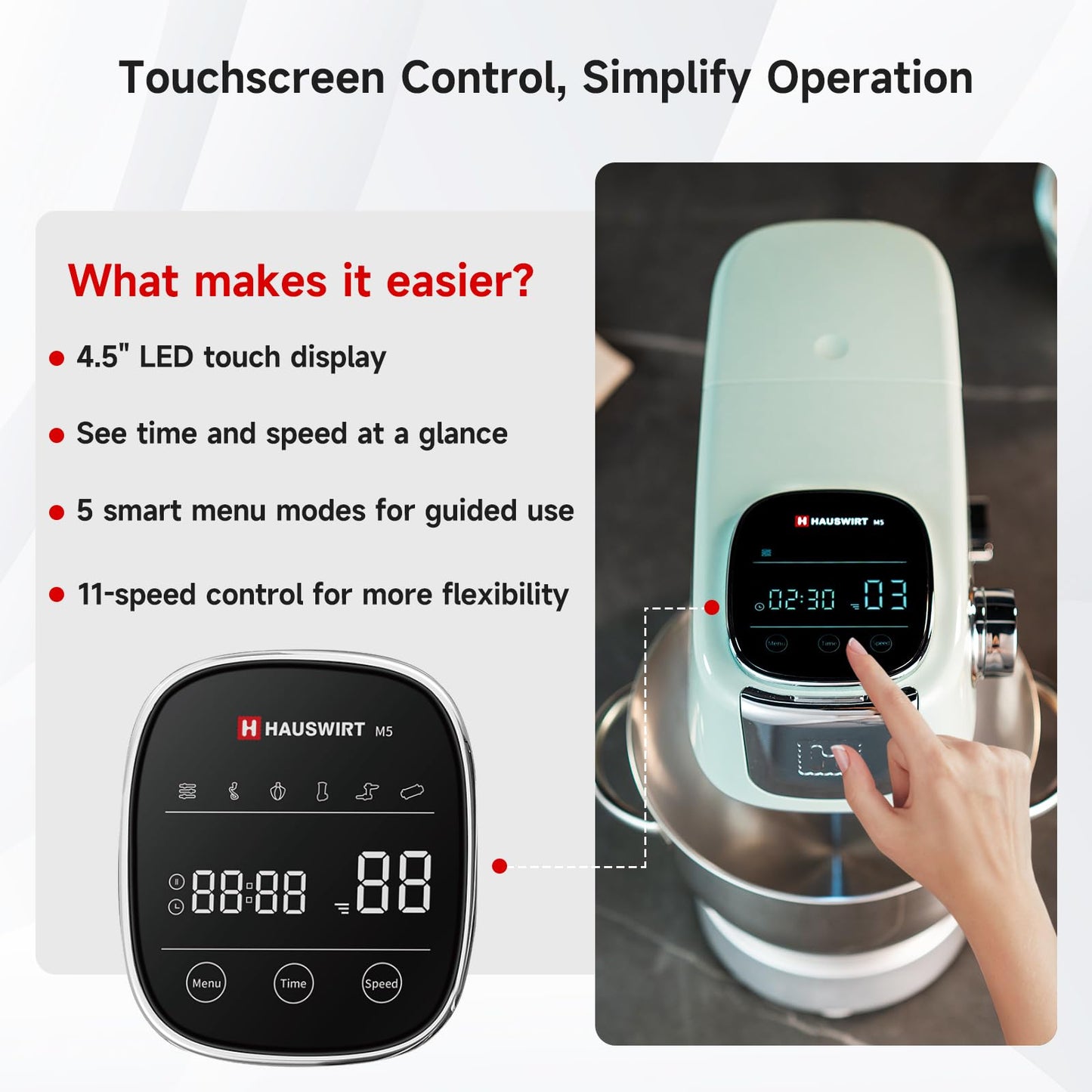 Hauswirt Stand Mixer 5.3QT XL Large, 4.5" LED Touch Screen Electric Household Stand Up Mixer, Standing Mixer 11-Speed, Dough Cake Bread Mixer – Lake Green