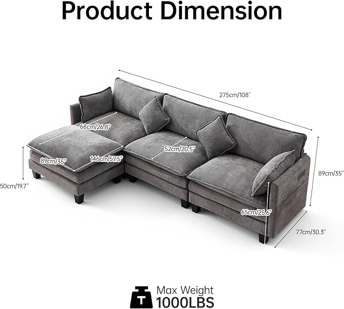 Opiesit 108" Modular Sectional Couches for Living Room with Ottoman, L Shaped Cloud Couch with Charger, USB & Type-c Port, Comfy 4 Seats Sofas with Deep Seat, Chenille Fabric, Darkgrey