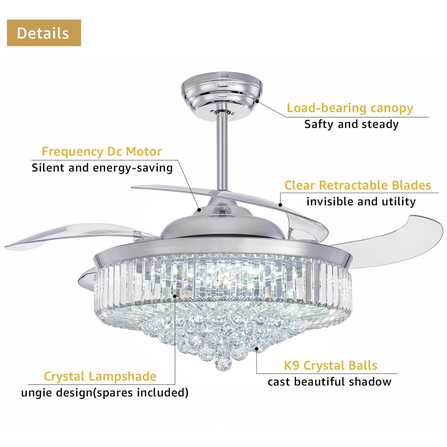MOOONICHE 52 Inch Fandelier Ceiling Fan with Lights and Remote, Dimmable Crystal Chandelier Fan, LED Crystal Fan Light Kit for Dining Room Bedroom-Chrome