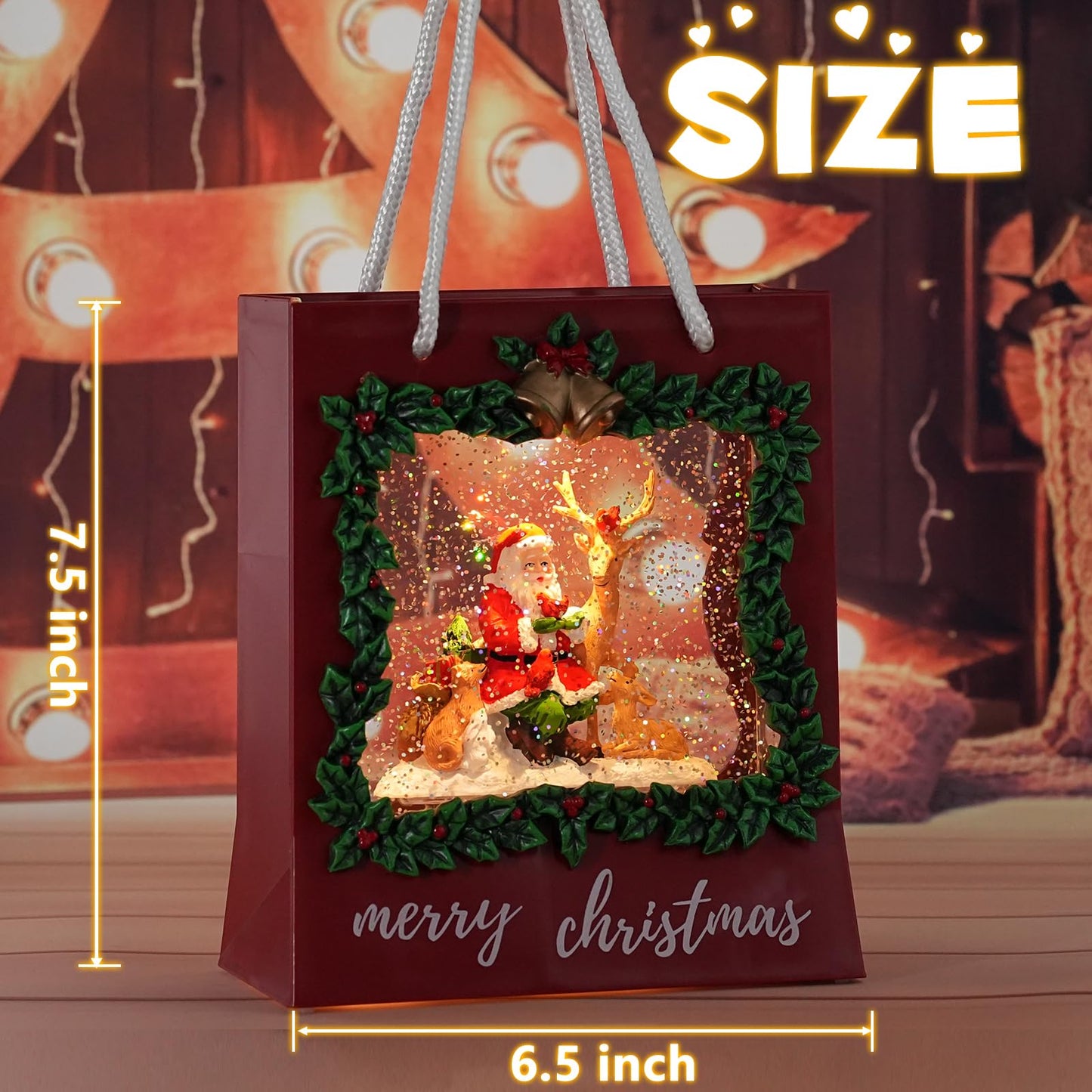 Santa Snow Globe Lantern, Musical Christmas Snow Globes with Swirling Glitter, Santa Claus with Reindeer Lighted Snow Globe Merry Christmas Indoor Holiday Party Gifts and Decorations