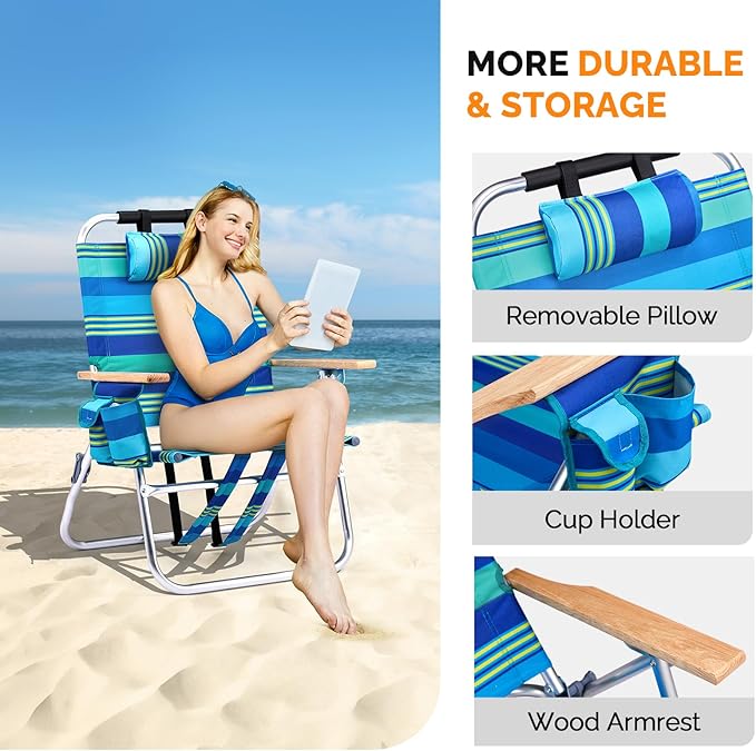 VINGLI Aluminum 13" Backpack Beach Chair – Tall Beach Chairs for Adults, Portable with Adjustable Straps, 3-Position Reclining, Cup Holder, High Lightweight Beach Chairs for Beach
