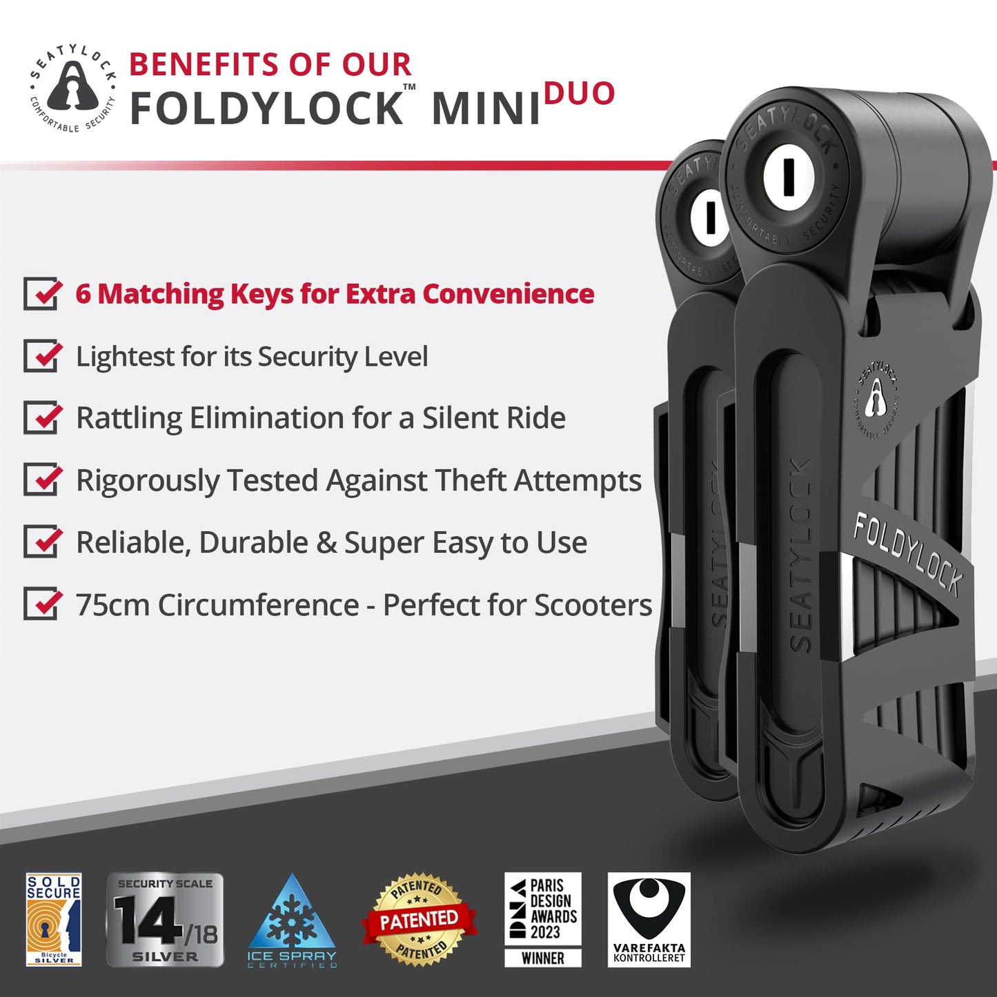 Seatylock FoldyLock Mini Folding Bike Lock Set - Patented Lightweight Bicycle Lock - Heavy Duty Anti Theft Guard for Electric Scooter & City Bikes - 2 Bike Locks with 6 Identical Keys - 29.5"