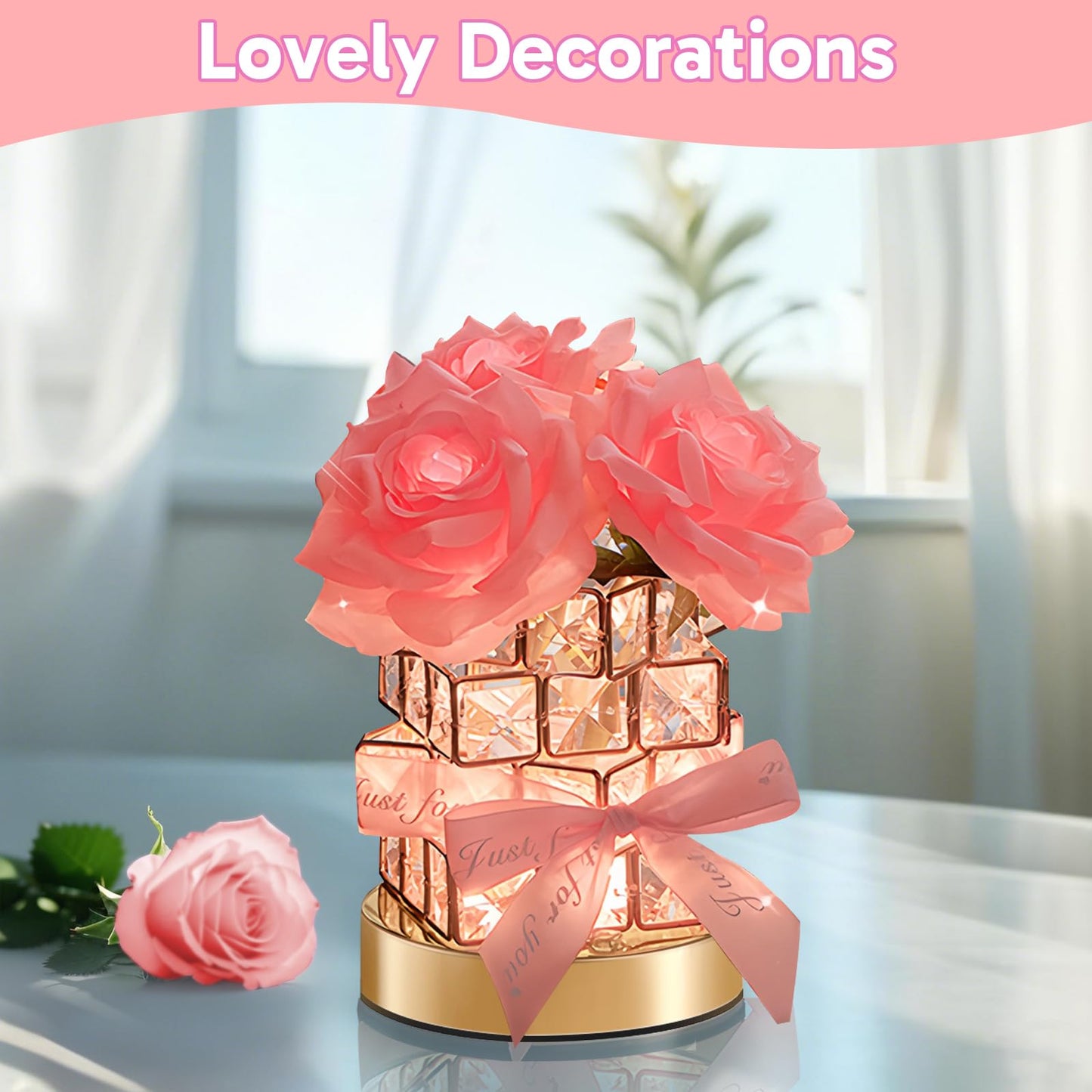 ONXE Forever Rose Gifts for Girlfriend Wife Her Women Mom,Rechargeable Cordless Touch Crystal Table Lamp,3-Colour Infinitely Dimming Small Night Light,Valentine's Day Anniversary Birthday Idea Gift