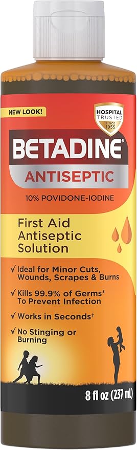Betadine Antiseptic First Aid Solution, Povidone-iodine 10%, Infection Protection, Kills Germs In Minor Cuts Scrapes And B...