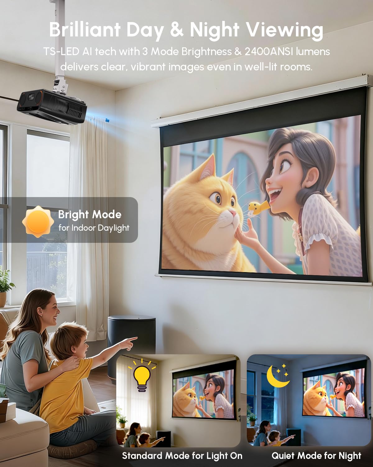 Daytime Projector 4K Home Theater 2400 ANSI,HDR10+,Auto Lens Cap/Focus/Keystone,Smart TV Projector with Apps,WiFi,Bluetooth,2*38W Speakers,2 HDMI eARC/CEC,for HD Indoor Movie Gaming Room Ceiling 2026