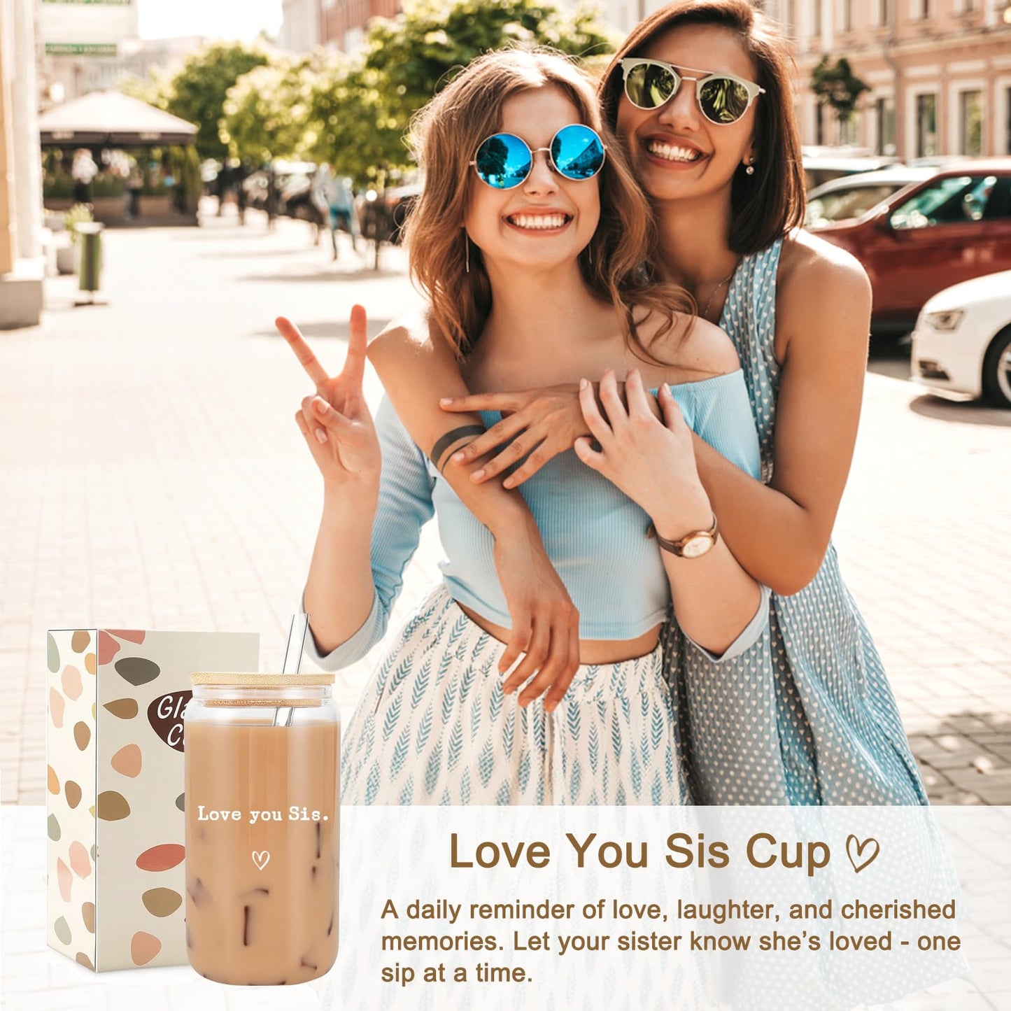 Mikopei Sister Gifts from Sister - Love You Sis Glass Cups with Lids and Straws, Best Big Soul Sisters Birthday Gifts for Women,Cute Iced Coffee Cup, 16 oz