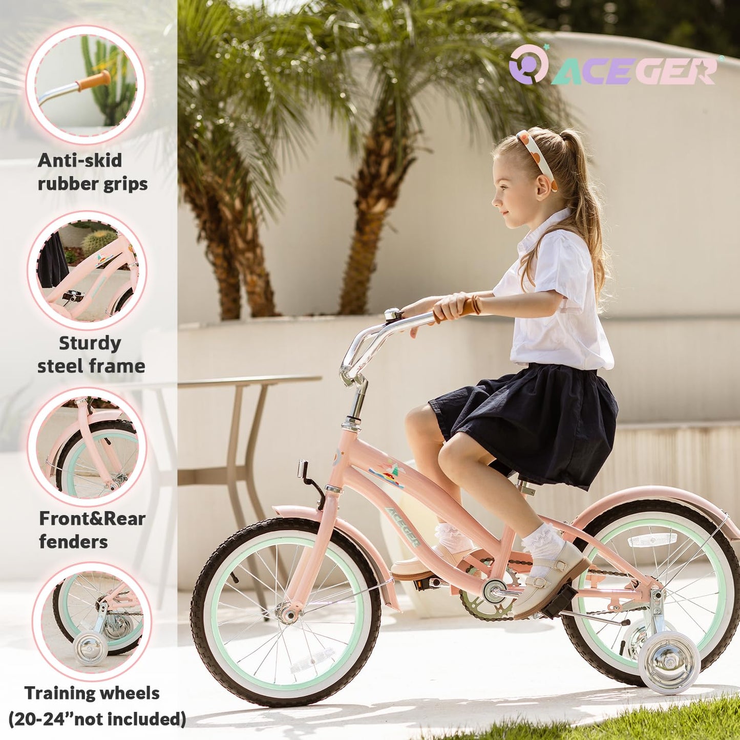 ACEGER Girls Beach Cruiser Bike for Kids 5-13 Years Old, 16" 18" 20" 24" Single Speed Kids Bicycle Included Coaster Brake, Front and Rear Reflectors, 24" 7 Speeds with Dual Brakes