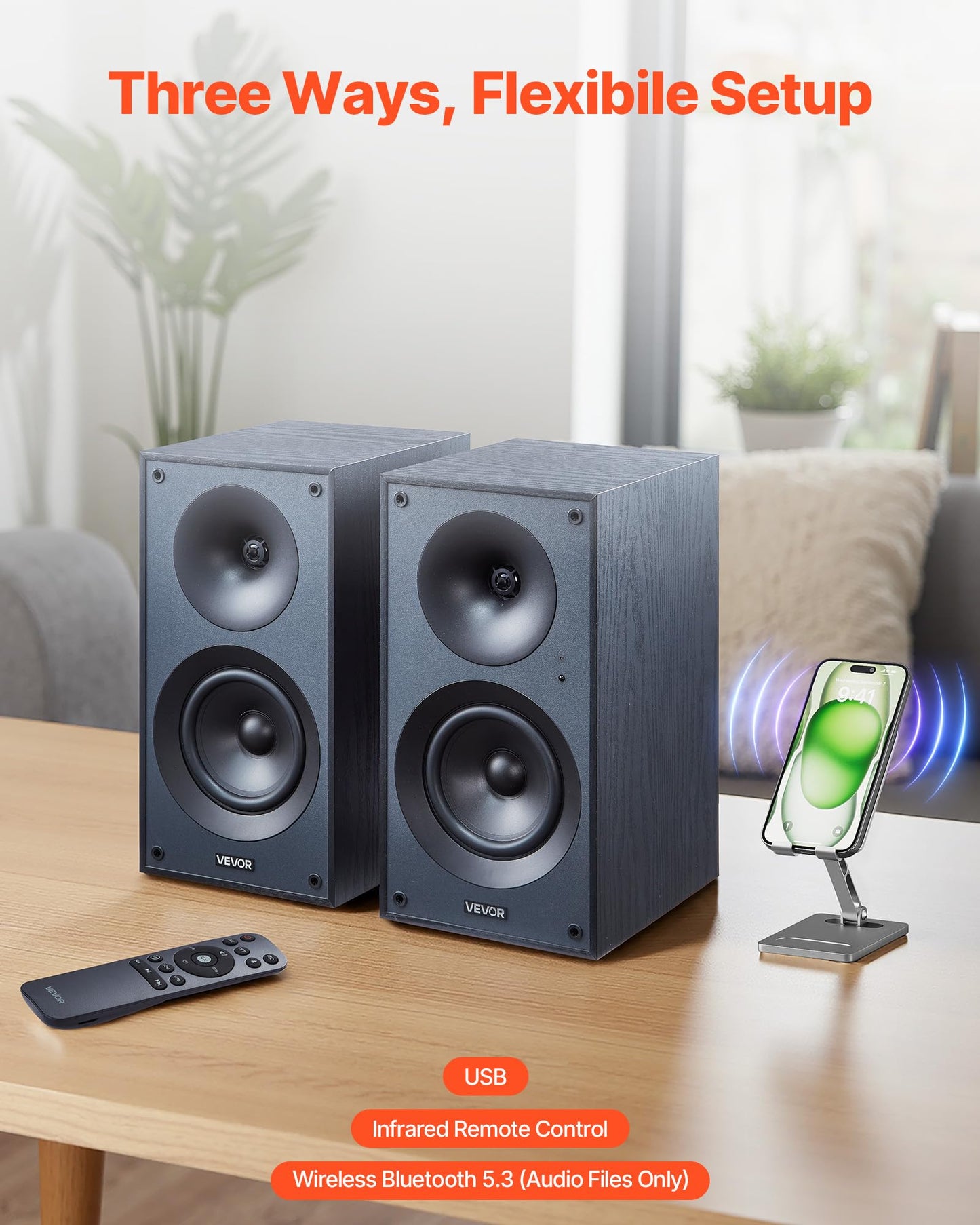 Vevor Powered Bookshelf Speakers, 25W X 2, Active Studio Monitor Speaker With 5.25 Inch Woofer, Bluetooth/Rca/Coaxial/Optical/Us