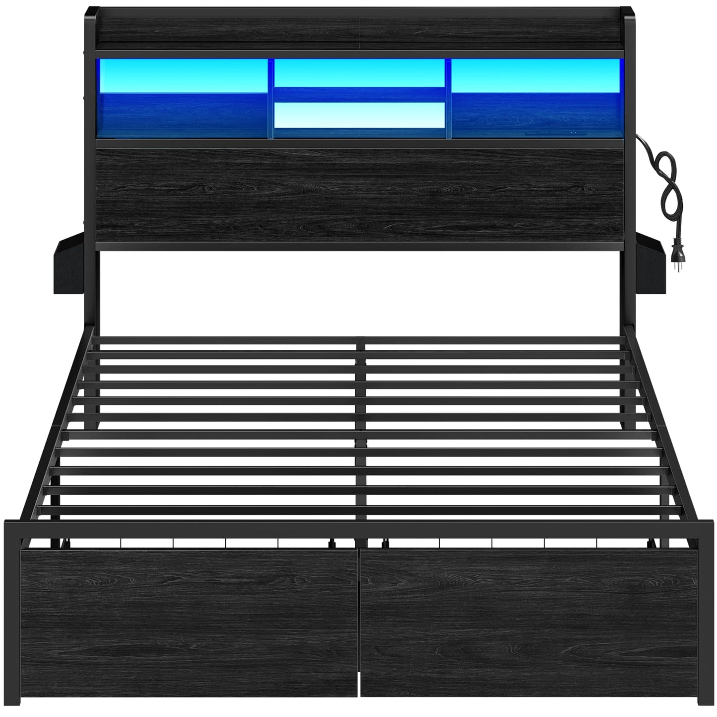 Furnulem Queen Bed Frame with Wood Headboard and Storage Shelf, Metal Platform Bed Frame Queen Size with Storage Drawers, LED Lights and Charging Station, No Box Spring Needed, Noise Free, Black