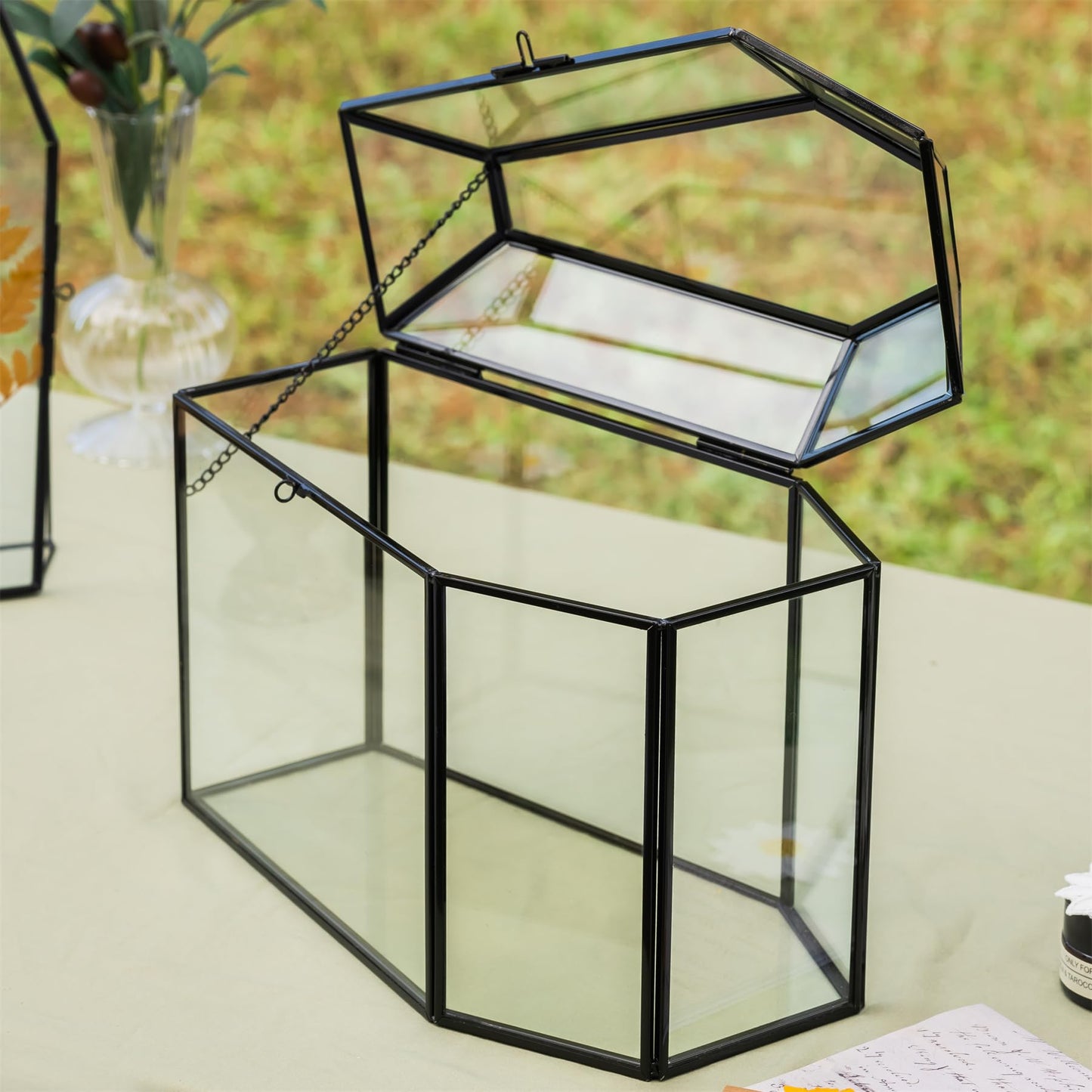 NCYP Gothic Glass Box with Swing Lid and Lock, Geometric Keepsake Card Display Organizer for Wedding Party - Halloween Decoration, Black Coffin-Shaped Terrarium, 10.4" x 5.7" x 7.5" (Glass Box Only)