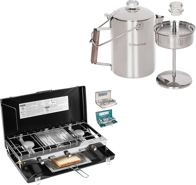 KingCamp Percolator Coffee Pot Campfire Coffee Boiler Kettle 304 Stainless Steel with Camping Stove, 3 Burners Propane Por...