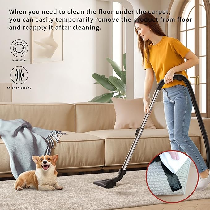 Reusable Carpet Grippers,Non Slip Rug Pads Grippers for Hardwood Floors and Tiles, Washable,Strong Adhesive Grippers for Area Rugs, Keep Corners Flat, Non-Damaging for Floor Dark Night Black (8)
