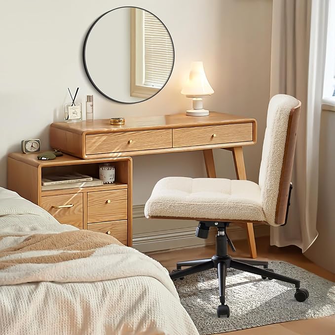 Furnimart FSC Wooden Wide Desk Chair, 360° Swivel Criss Cross Office Chair with Wheels, Comfy Cross Legged Sitting, Armless Rolling Chair for Bedroom, Office, Vanity (Faux Fur White)