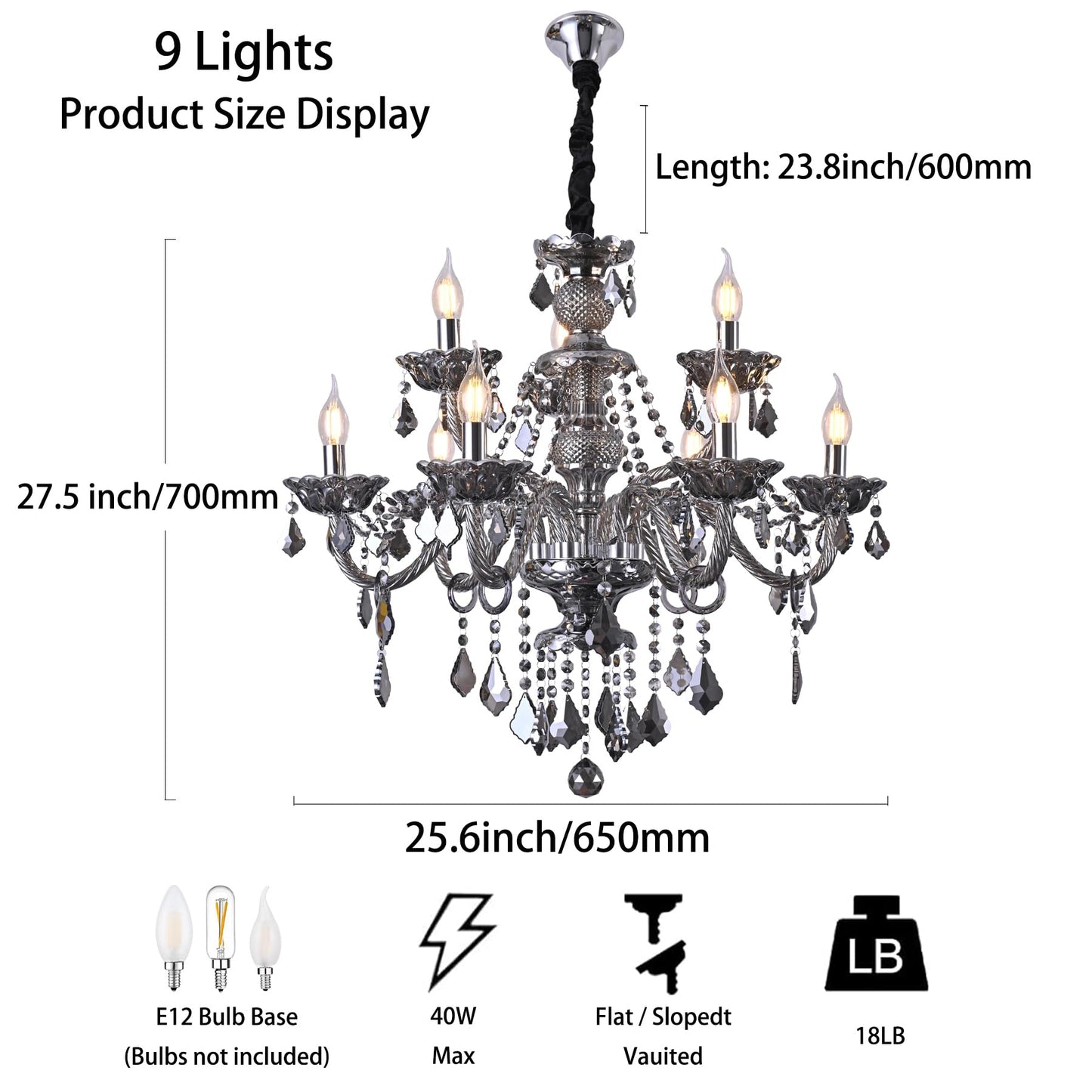 Uboxin Luxury Crystal Chandelier Smoke Gray,Double Layer K9 Crystal Chandelier Light Fixtures 9-Light Candle Style Crystal Ceiling Light Lamp for Dining Living Room Bedroom