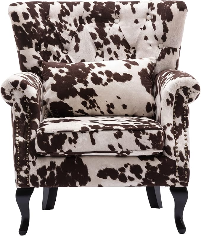 DM Furniture Mid Century Accent Chair Modern Button Tufted Armchair Wingback Club Chair Velvet Single Sofa Lounge Chair with Pillow for Living Room Bedroom, Cowhide Print