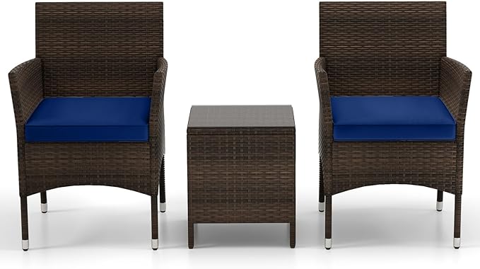 KOTEK 3 Piece Patio Furniture Set, Outdoor Wicker Patio Chairs with Soft Cushions & Tempered Glass Top Table, PE Rattan Bistro Set for Porch, Garden, Balcony (Navy)