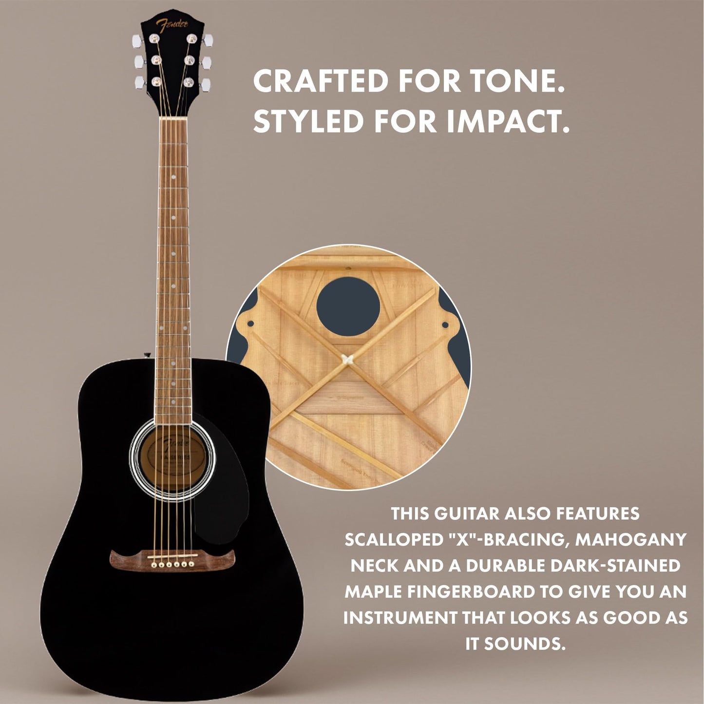 Fender Dreadnought Acoustic Guitar - Black Bundle With Gig Bag, Tuner, Strap, Strings, String Winder, Picks, Fender Play Online